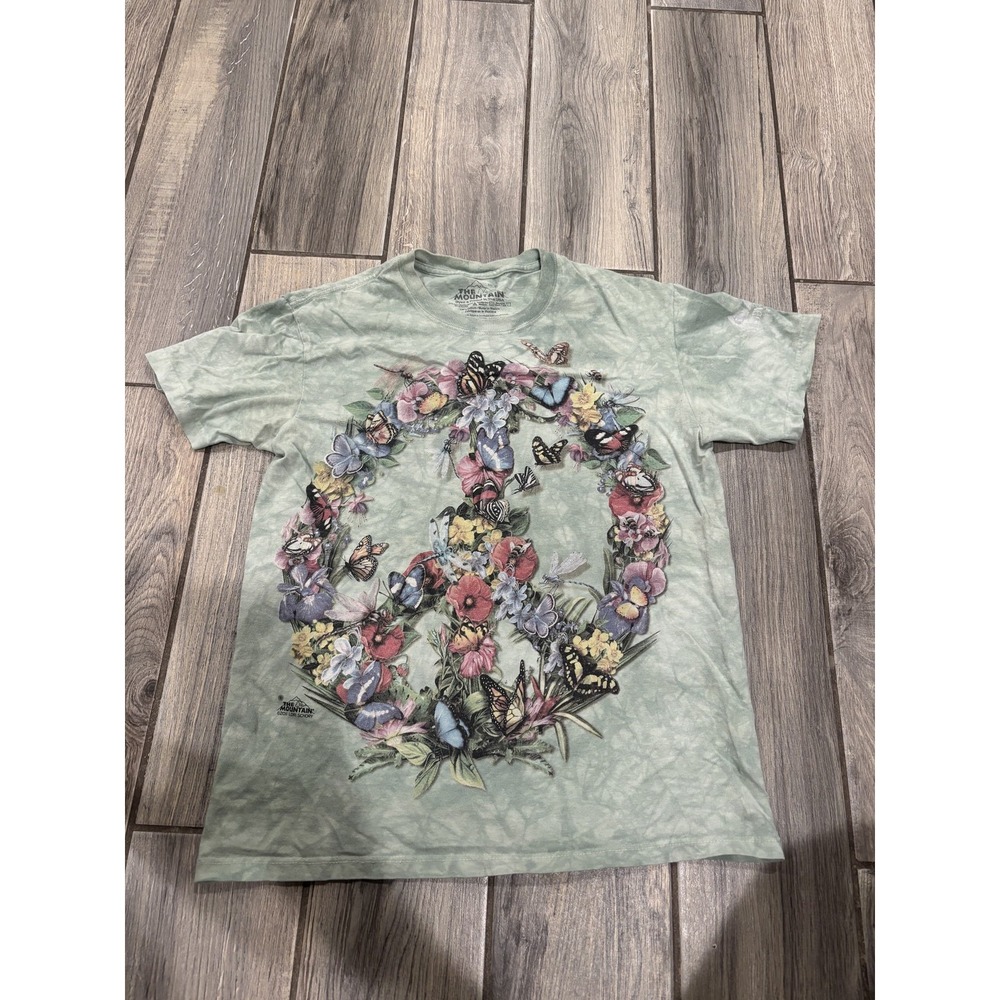 The Mountain Men's Peace Sign‎ Butterfly Floral T-Shirt S Green Tie-Dye Cotton